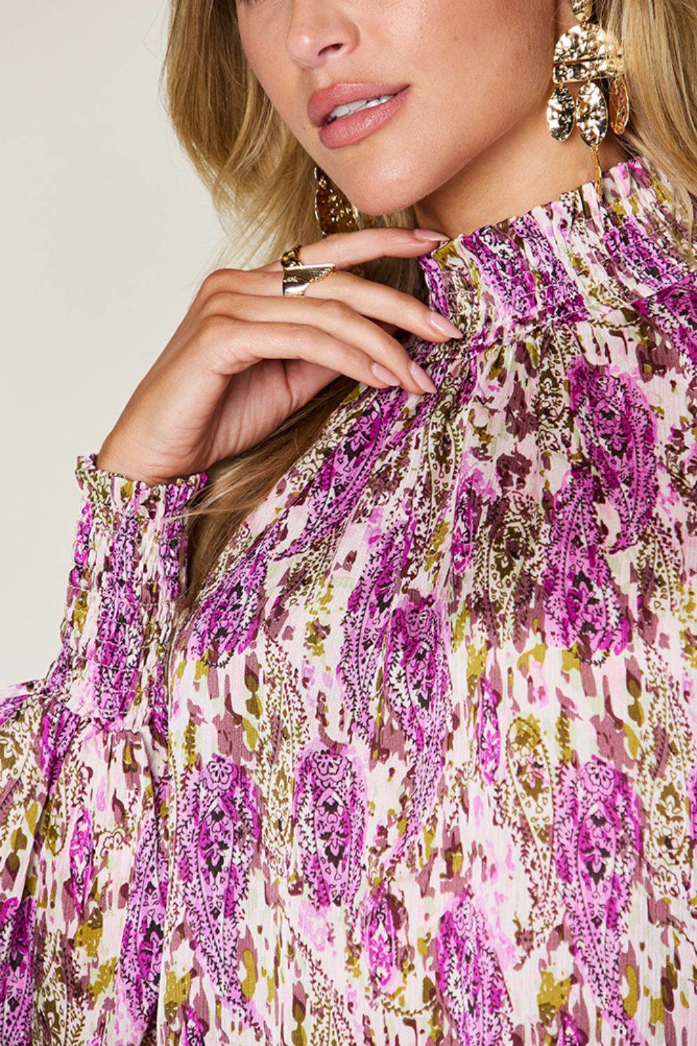 Double Take Full Size Printed Smocked Long Sleeve Blouse - Hovatok