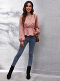V-Neck Balloon Sleeve Peplum Blouse - Hovatok