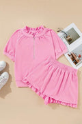 Half Zip Puff Sleeve Top and Ruffled Shorts Set - Hovatok