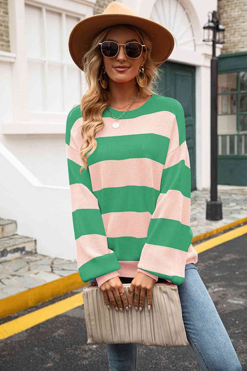 Angel Wings Striped Balloon Sleeve Knit Pullover - Hovatok