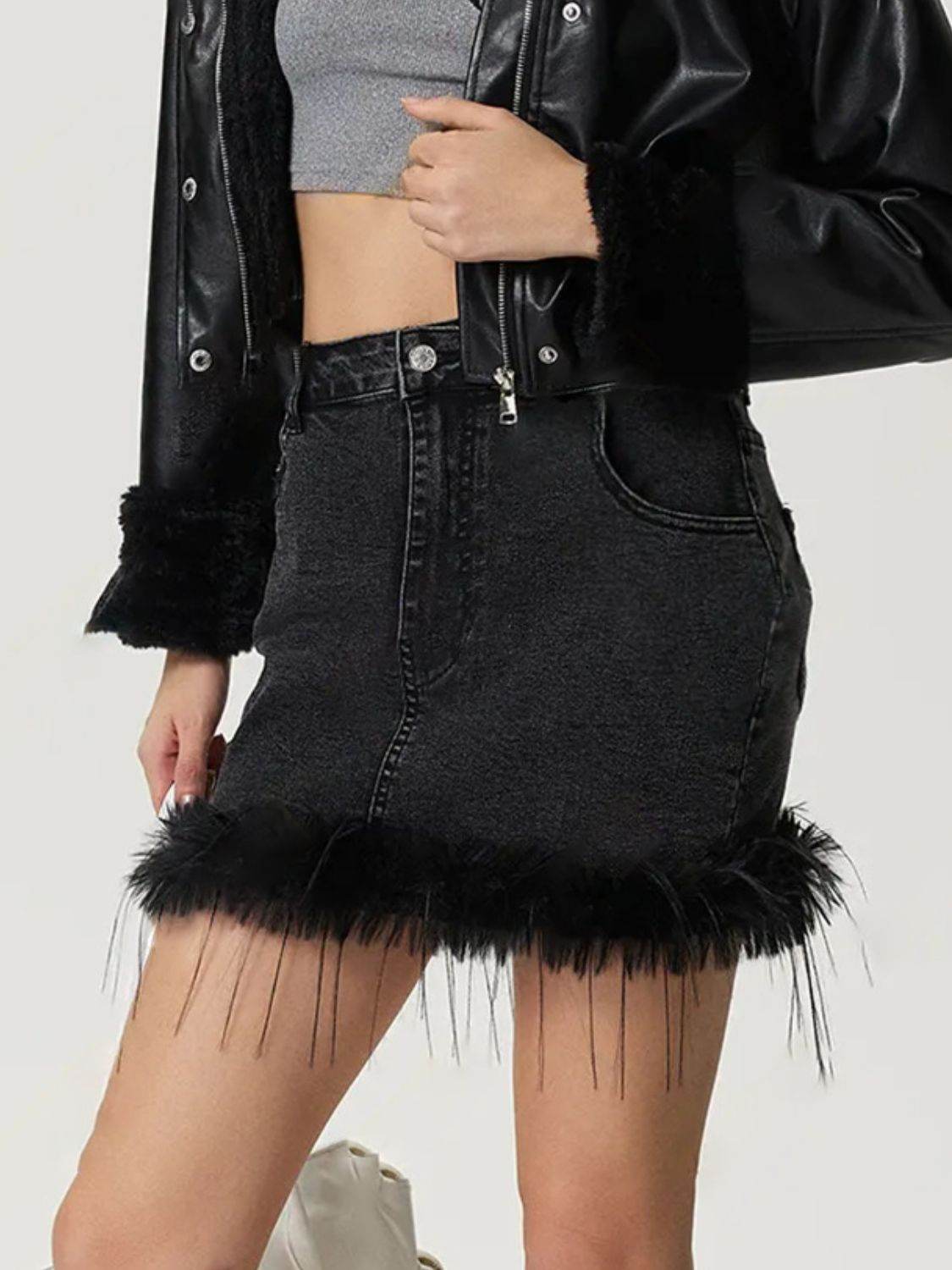 Plush Hem Mini Denim Skirt - Hovatok