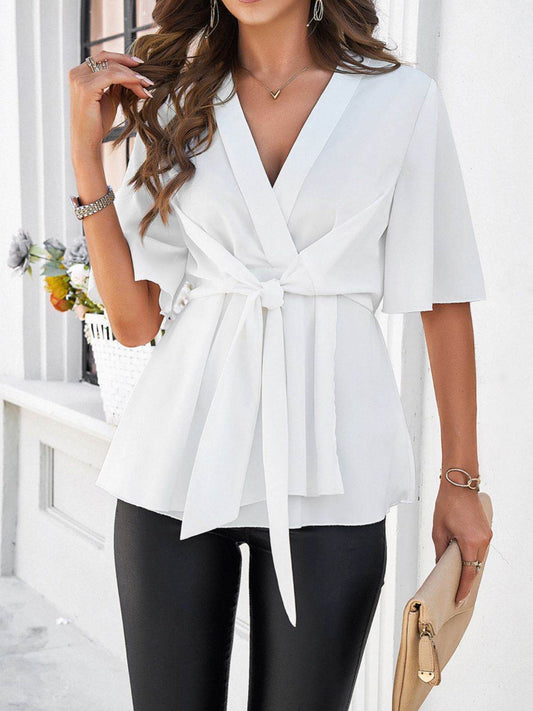 Devine Tied Front Peplum Blouse - Hovatok