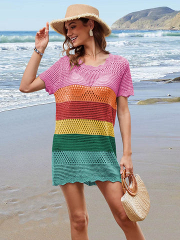 Openwork Round Neck Short Sleeve Cover-UP - Hovatok