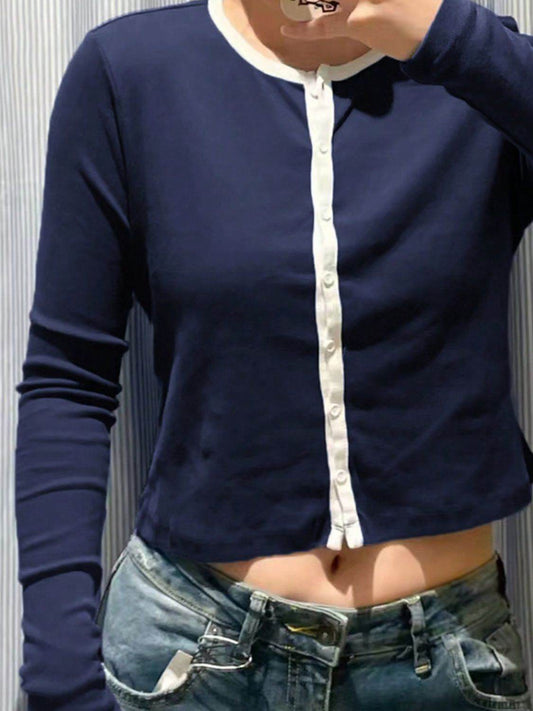 Devine Button Down Contrast Trim Round Neck Long Sleeve Shirt - Hovatok