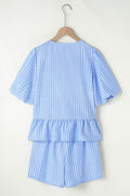 Striped Bowknot Detail Puff Sleeve Top and Shorts Set - Hovatok