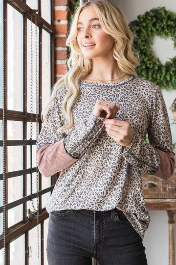 Heimish Full Size Leopard Exposed Seam Contrast T-Shirt - Hovatok