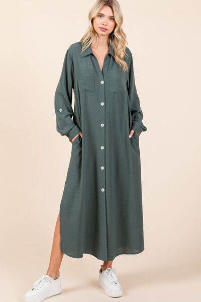 Mittoshop Airflow V-Neck Long Sleeve Button Down Maxi Dress - Hovatok