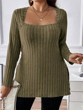 Plus Size Square Neck Long Sleeve Top - Hovatok
