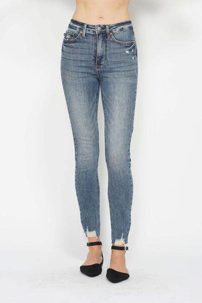 Judy Blue Full Size Tummy Control Vintage Wash Hem Destroy Skinny Jeans - Hovatok