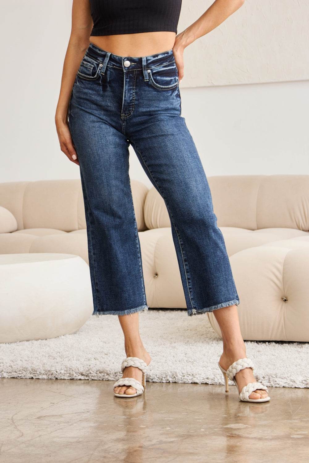 RFM Full Size Tummy Control High Waist Raw Hem Jeans - Hovatok