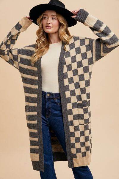 Annie Wear Checkered & Striped Open Front Long Sleeve Cardigan - Hovatok
