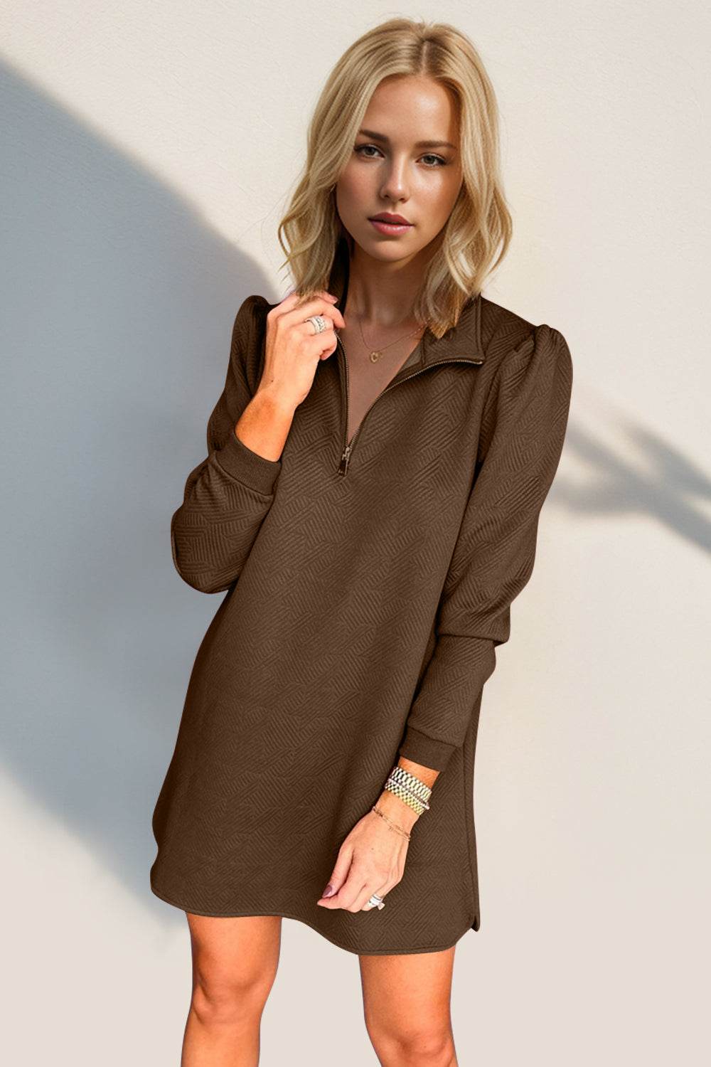 Double Take Textured Quarter Zip Long Sleeve Dress - Hovatok