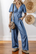 V Neck Short Sleeve Smocked Back Denim Jumpsuit - Hovatok