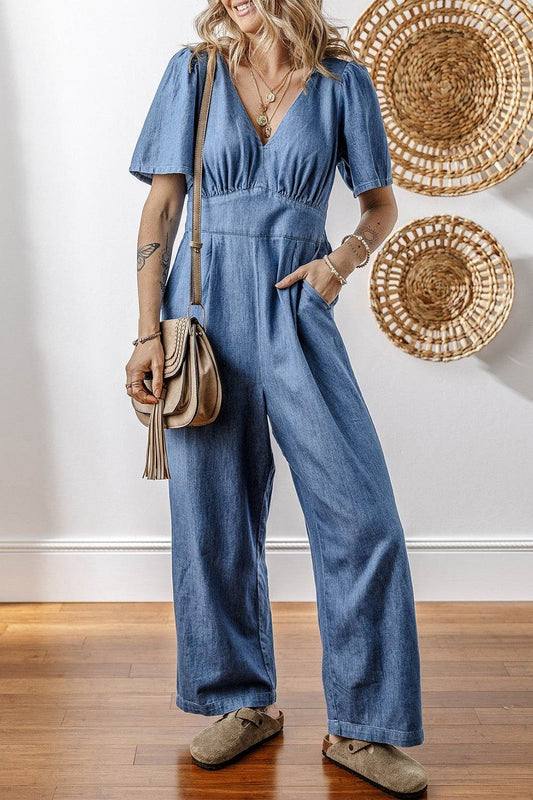 V Neck Short Sleeve Smocked Back Denim Jumpsuit - Hovatok