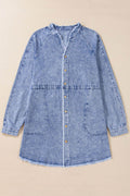 Raw Hem Button Down Long Sleeve Denim Dress - Hovatok