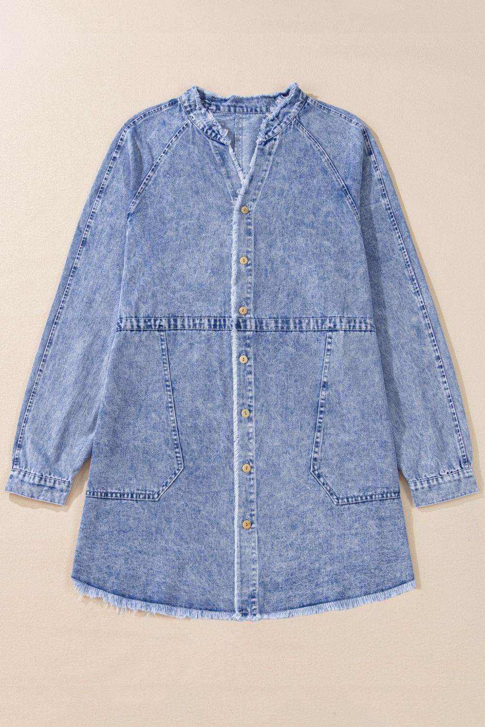 Raw Hem Button Down Long Sleeve Denim Dress - Hovatok