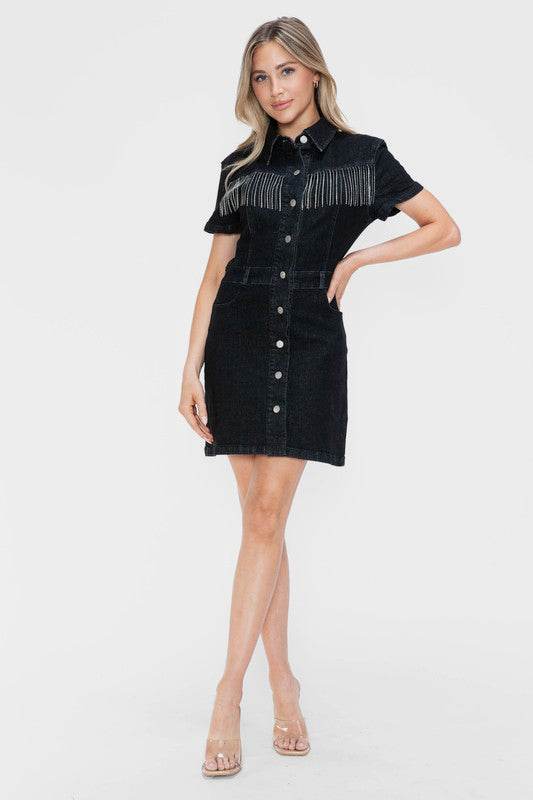 bytos Full Size Embellished Button Down Short Sleeve Denim Dress - Hovatok