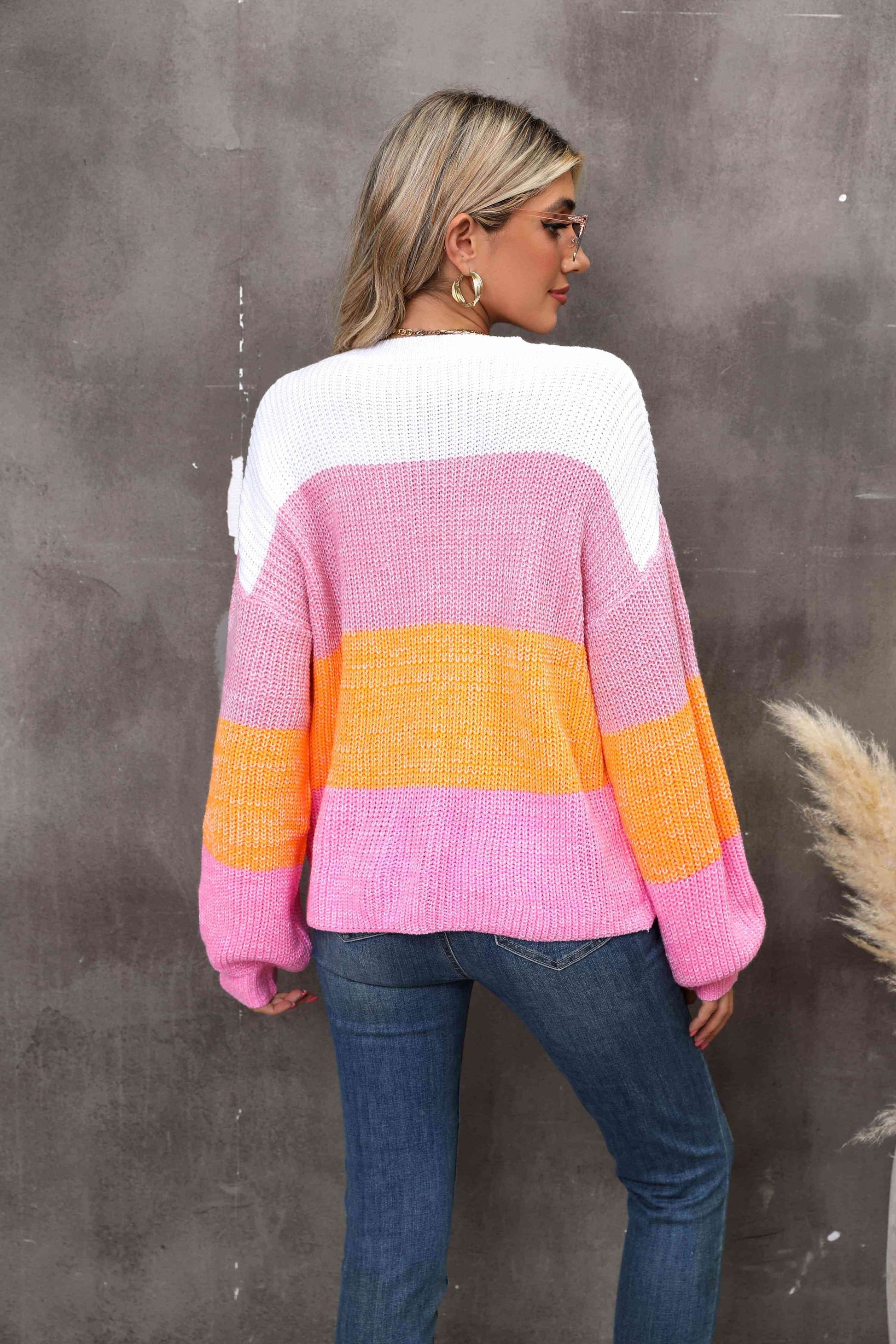 Angel Wings Color Block Round Neck Dropped Shoulder Sweater - Hovatok