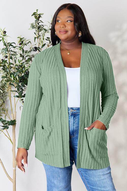 Basic Bae Full Size Ribbed Open Front Cardigan with Pockets - Hovatok