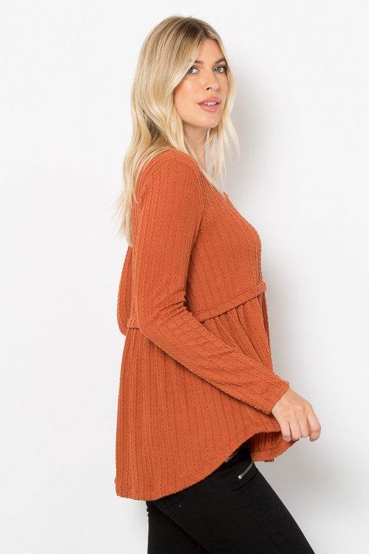 Be Stage Full Size Texture Babydoll Round Neck Long Sleeve Knit Top - Hovatok