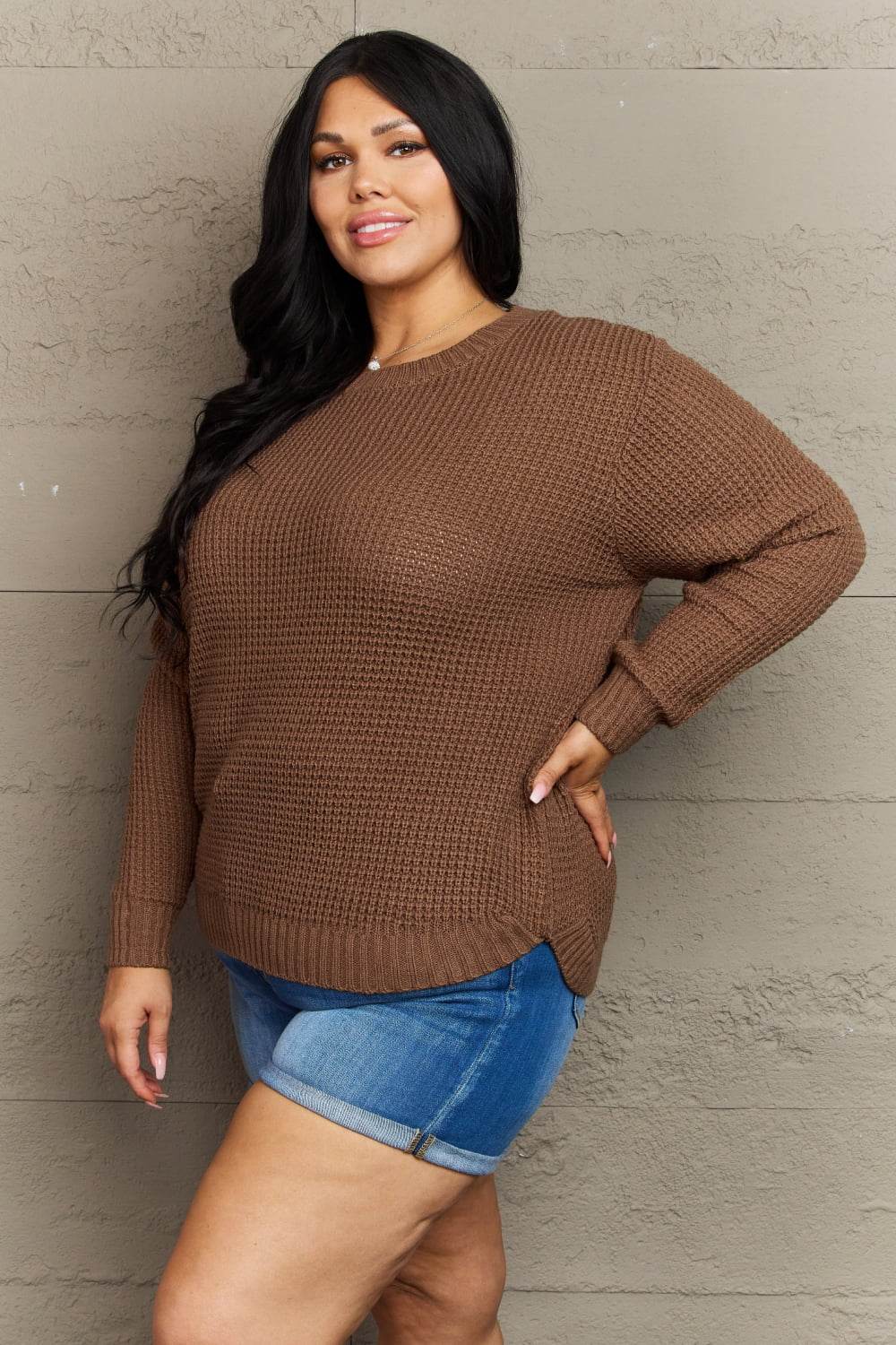 Zenana Breezy Days Plus Size High Low Waffle Knit Sweater - Hovatok