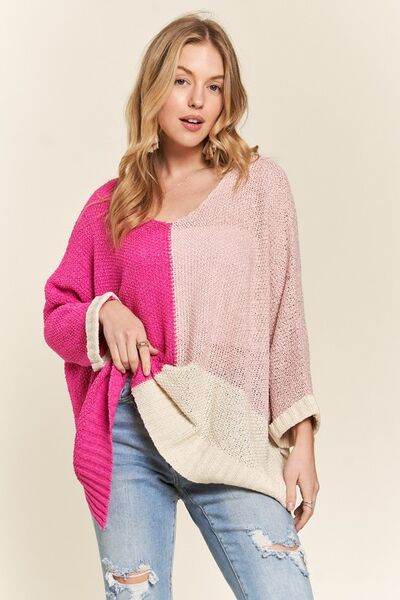 ADORA Side Slit Color Block Long Sleeve Sweater - Hovatok