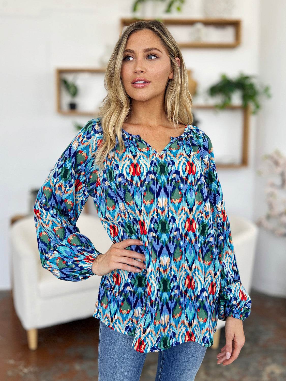Double Take Full Size Printed Balloon Sleeve Blouse - Hovatok
