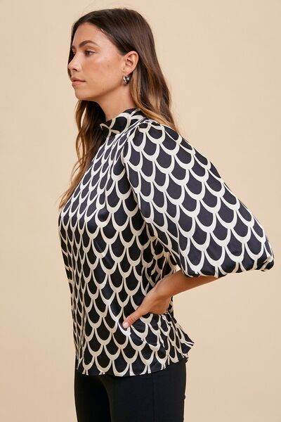 Annie Wear Tie Back Abstract Print Mock Neck Half Sleeve Blouse - Hovatok