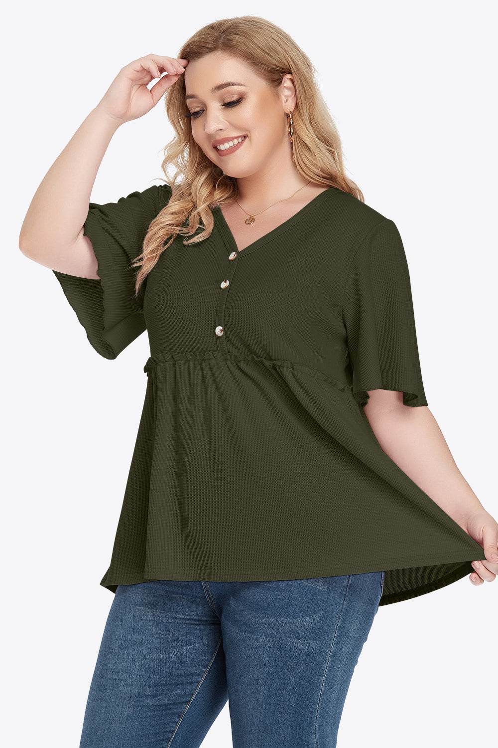 Plus Size Buttoned V-Neck Frill Trim Babydoll Blouse - Hovatok