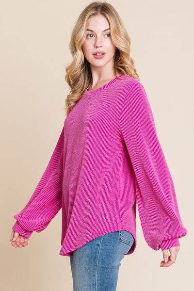 BOMBOM Long Sleeve Curved Hem Ribbed T-Shirt - Hovatok