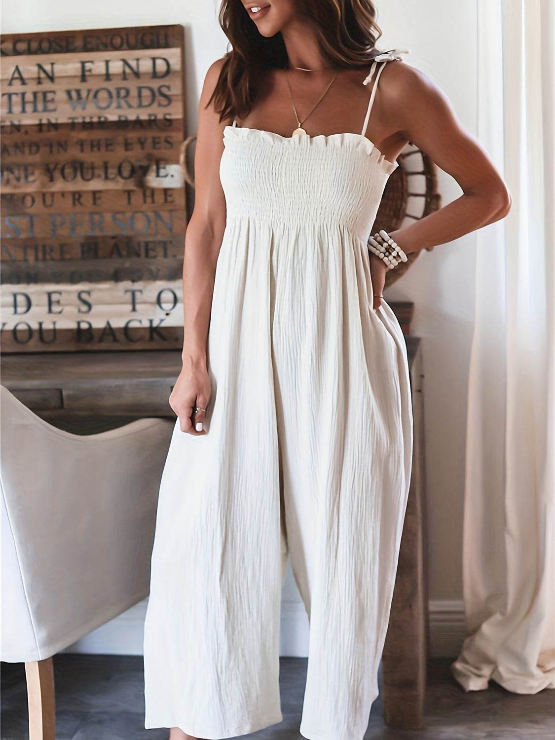 Full Size Smocked Spaghetti Strap Wide Leg Jumpsuit - Hovatok