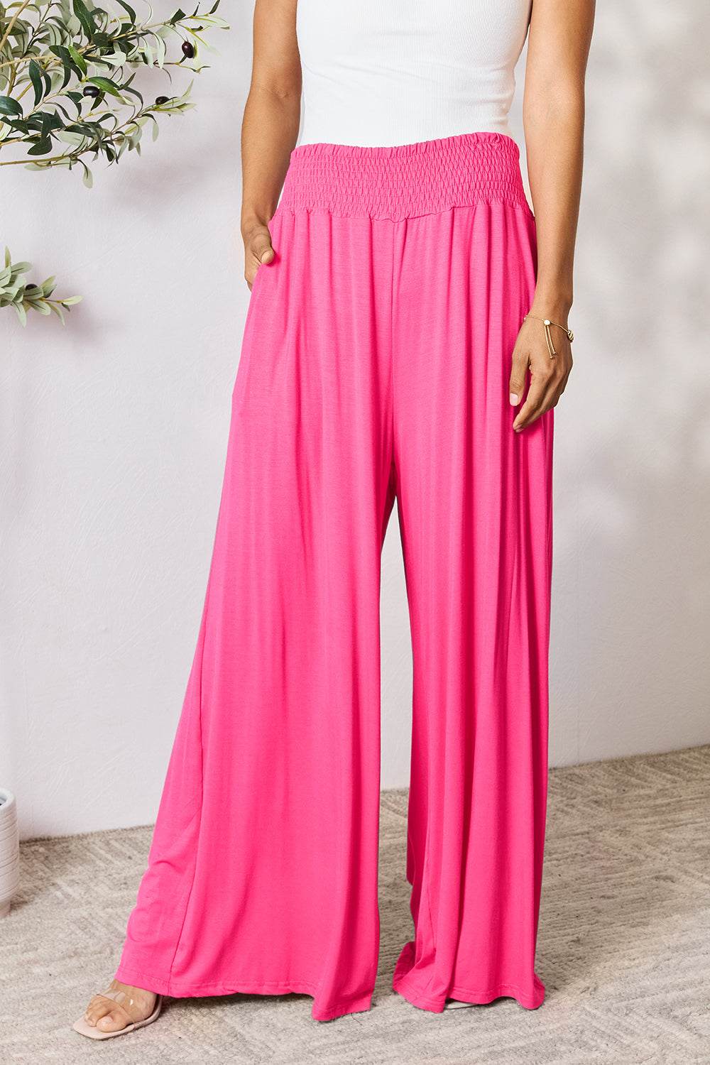 Basic Bae Full Size Smocked Wide Waistband Wide Leg Pants - Hovatok