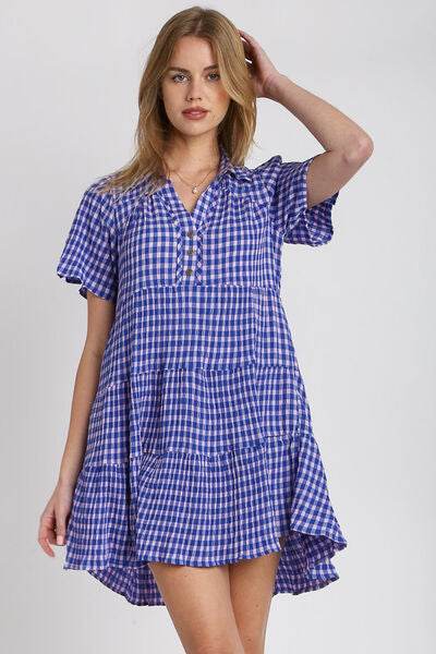 Umgee Full Size Gingham Tiered Button Detail Short Sleeve Dress Plus Size - Hovatok