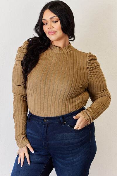 Basic Bae Full Size Ribbed Mock Neck Puff Sleeve T-Shirt - Hovatok
