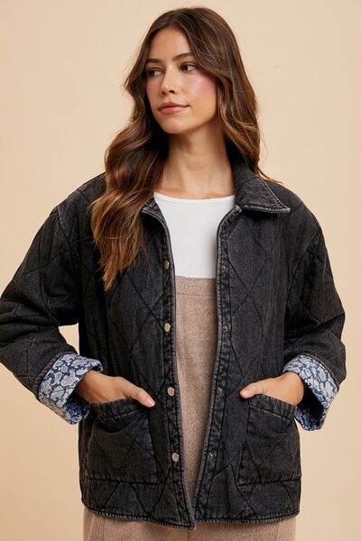 Annie Wear Quilted Printed Lining Snap Down Denim Jacket - Hovatok