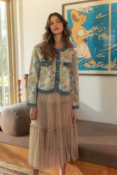 Annie Wear Floral Jacquard Denim Contrast Button Down Jacket - Hovatok