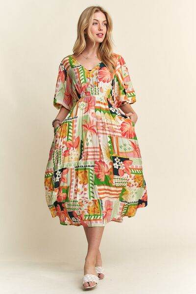 ADORA Floral V-Neck Puff Sleeve Midi Dress - Hovatok