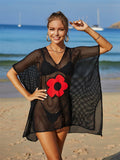 Angel Wings Openwork Flower V-Neck Short Sleeve Cover Up - Hovatok