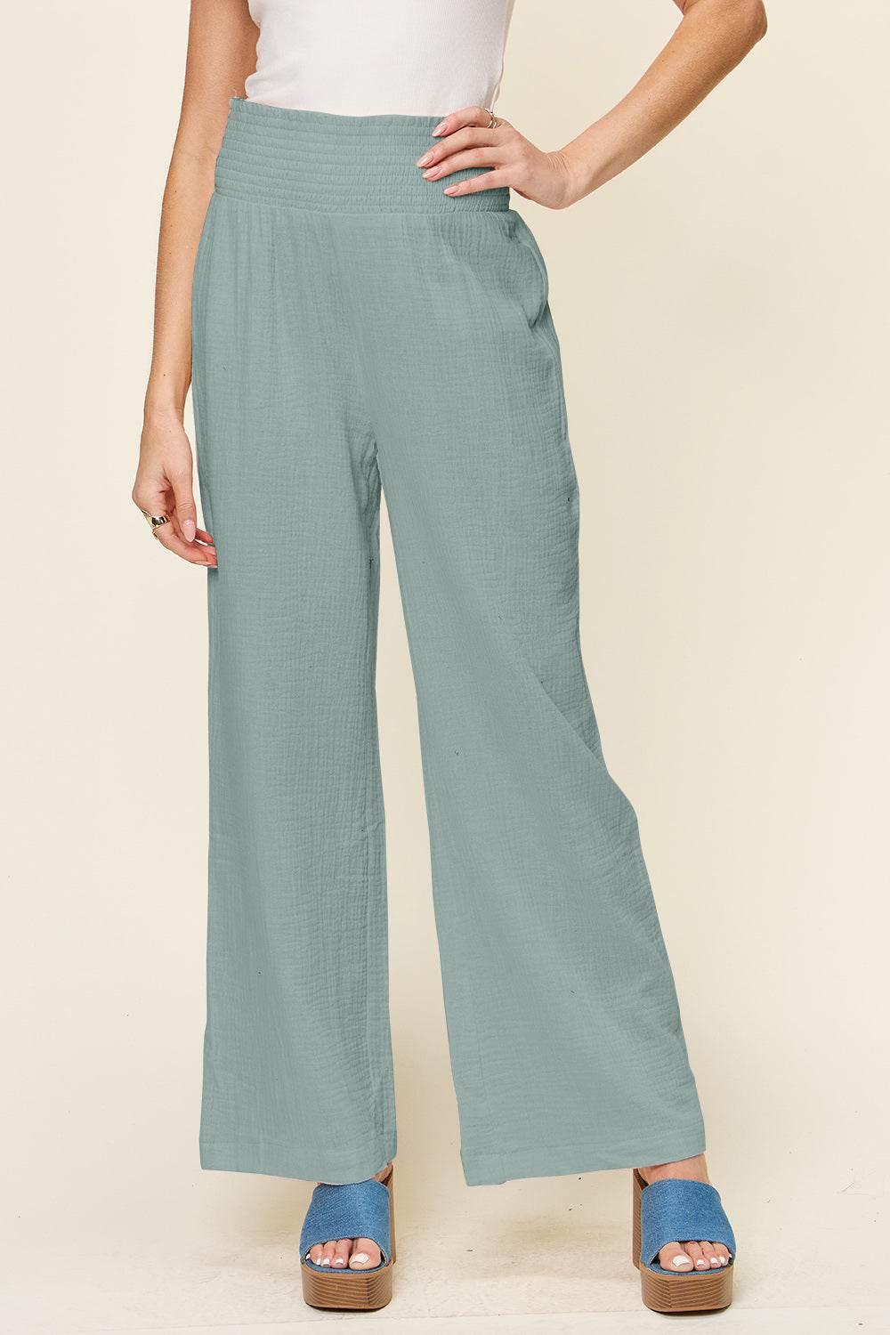 Double Take Full Size Texture Smocked Waist Wide Leg Pants - Hovatok