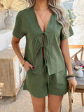 Devine Tied V-Neck Short Sleeve Top and Shorts Set - Hovatok