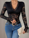 Perfee Lace V-Neck Long Sleeve Bodysuit - Hovatok