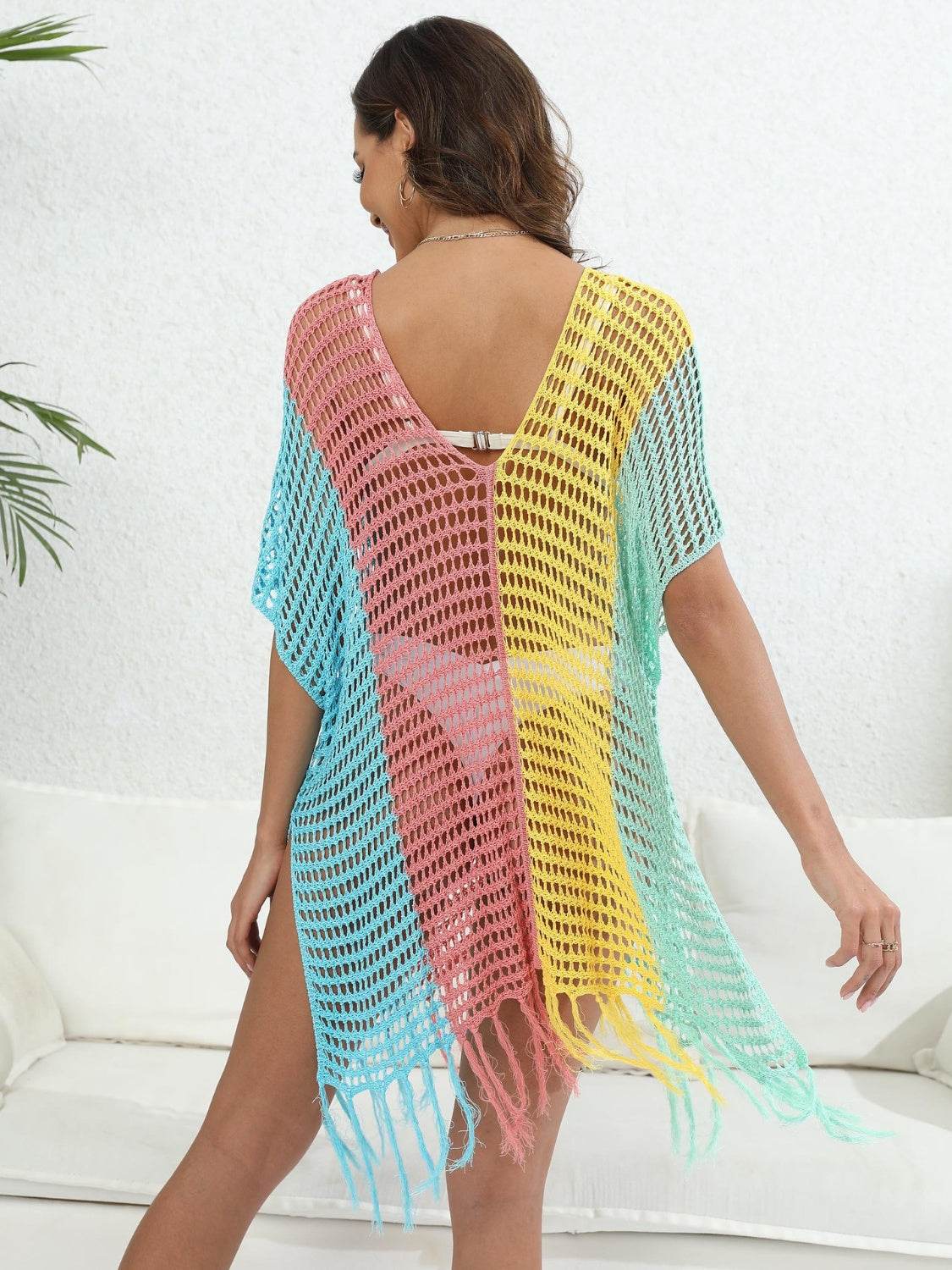 Fringe Color Block Scoop Neck Cover Up - Hovatok