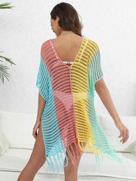 Fringe Color Block Scoop Neck Cover Up - Hovatok