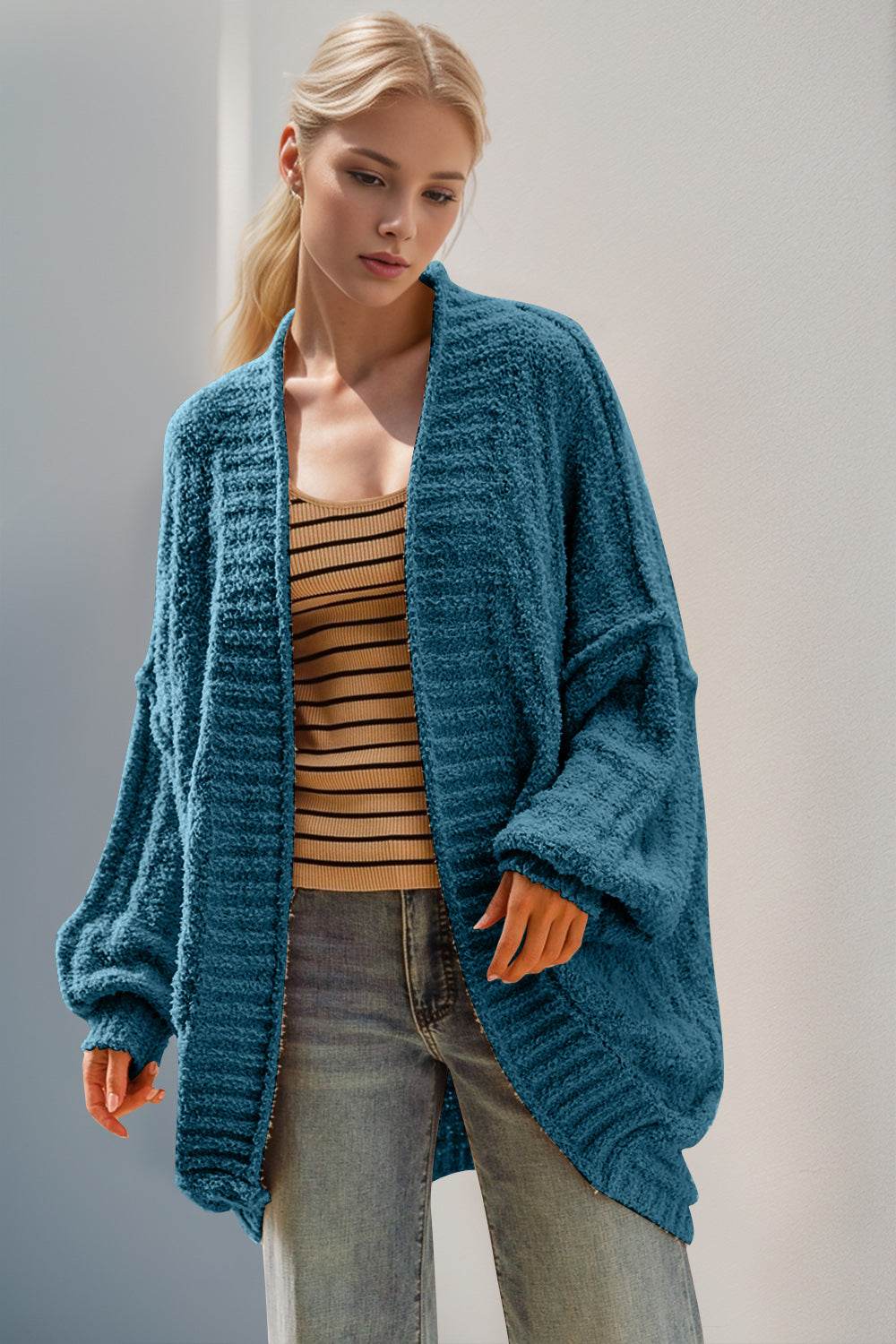 Double Take Full Size Open Front Long Sleeve Cardigan - Hovatok
