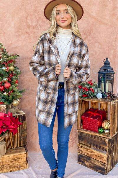 And The Why Plaid Open Front Hooded Shacket - Hovatok