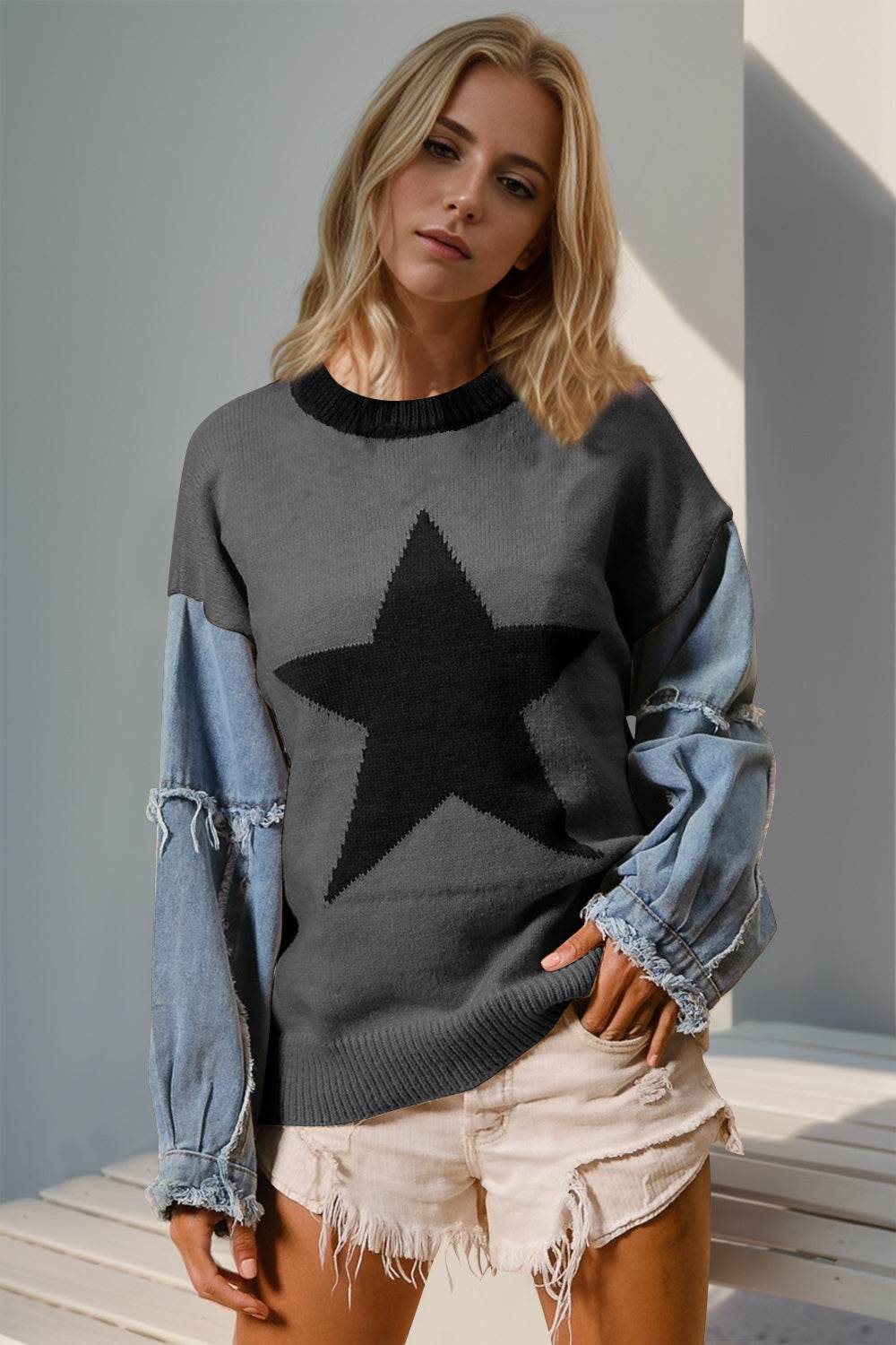 Double Take Full Size Star Pattern Raw Edge Long Sleeve Sweater - Hovatok