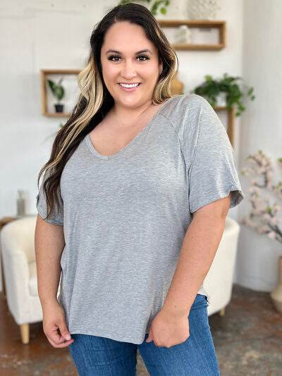 Basic Bae Full Size Bamboo Slit V-Neck Short Sleeve T-Shirt - Hovatok