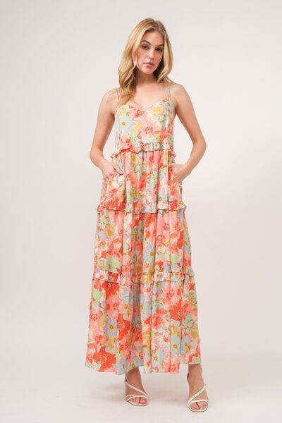 And The Why Floral Ruffled Tiered Maxi Adjustable Strap Cami Dress - Hovatok
