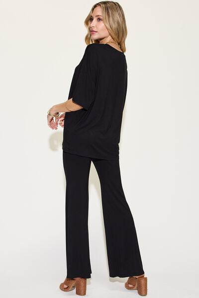 Basic Bae Full Size Bamboo Drop Shoulder T-Shirt and Flare Pants Set - Hovatok