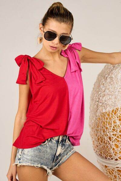BiBi Shoulder Ribbon Tied Contrast Tank - Hovatok